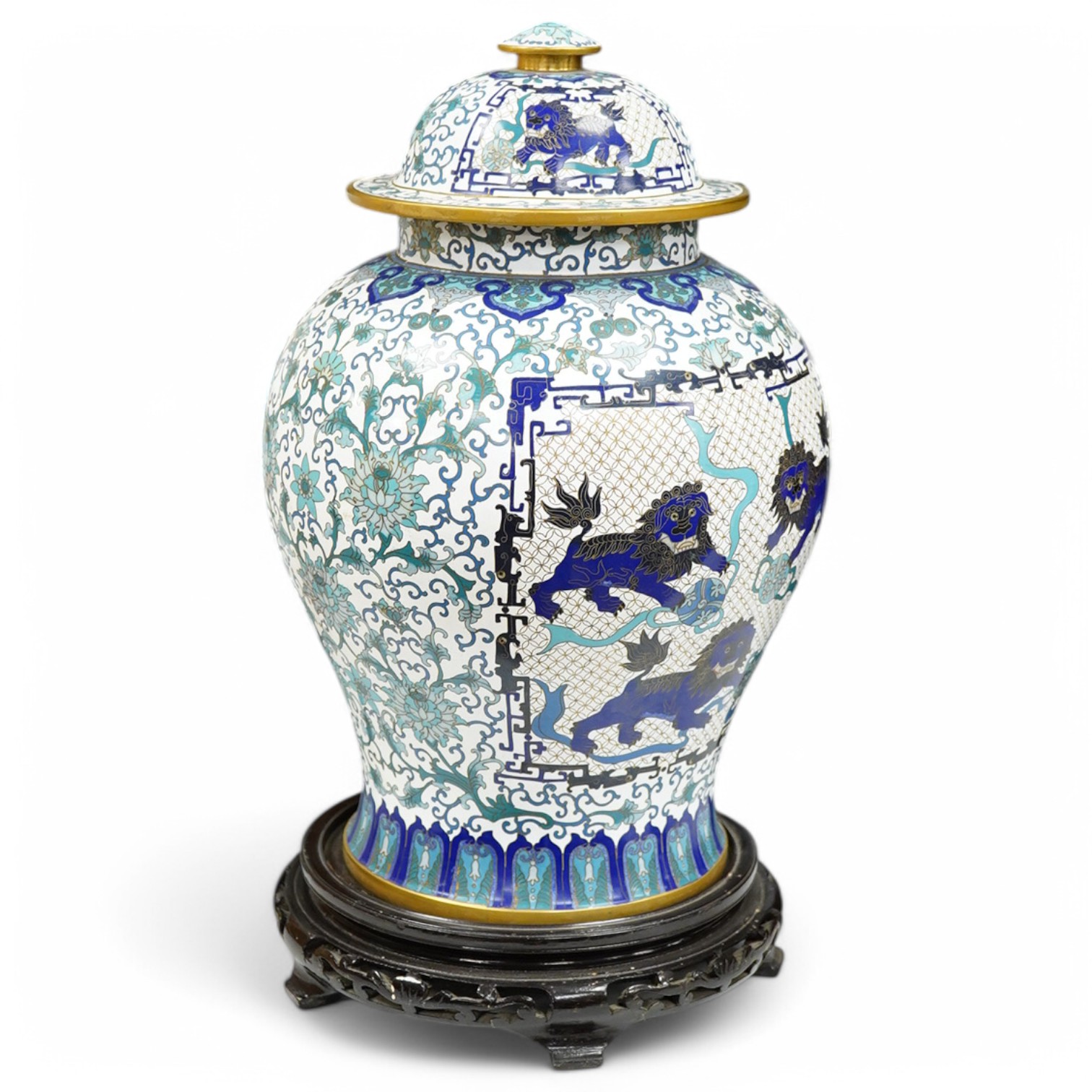 A pair of Chinese blue and white dragon decorated cloisonné enamel jars and covers on stands, 45cm high and a Japanese enamelled porcelain vase, early 20th century. (3). Condition - good